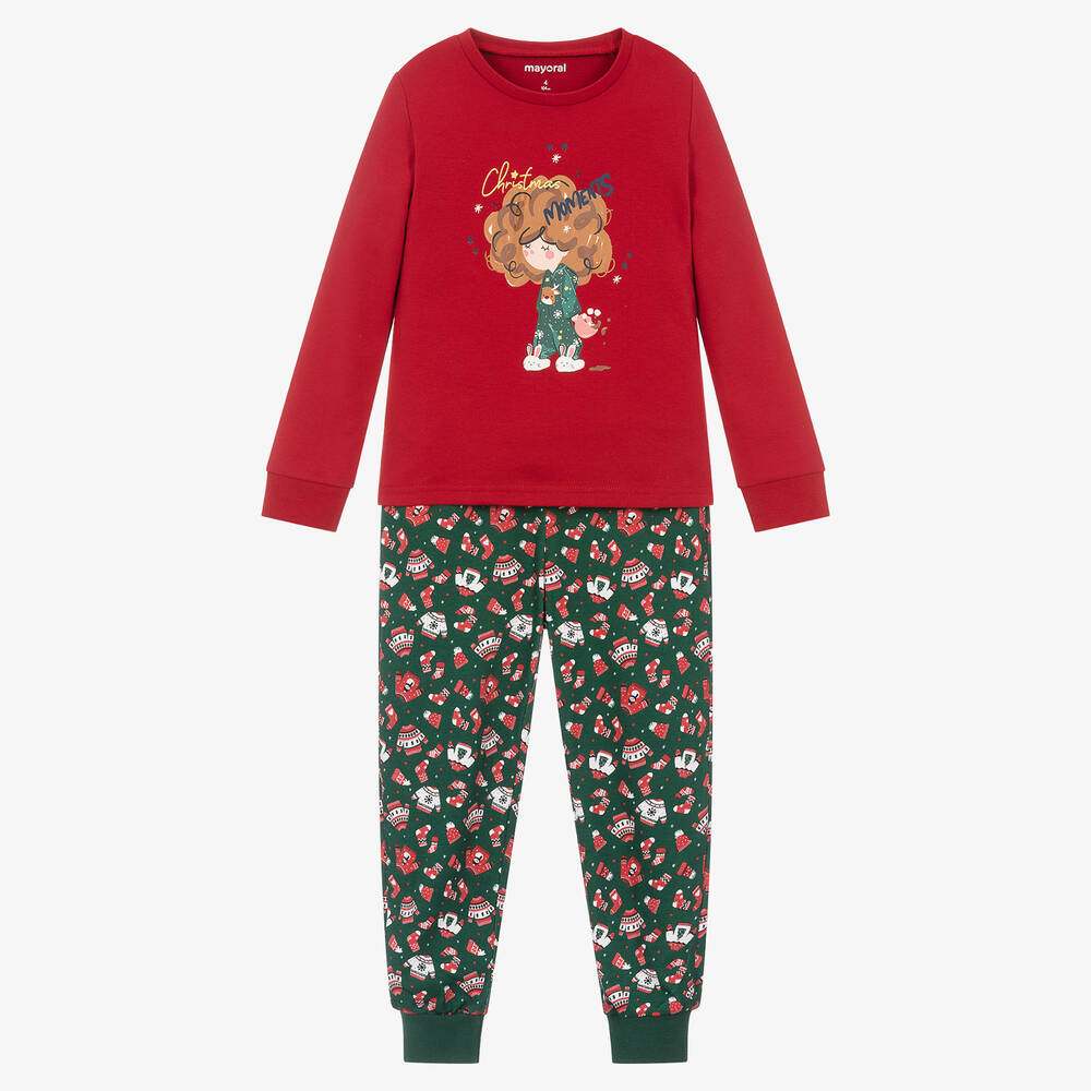 Mayoral - Girls Red & Green Festive Cotton Pyjamas | Childrensalon