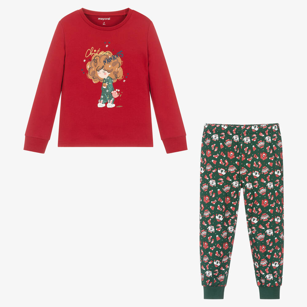 Mayoral Girls Red Green Festive Cotton Pyjamas Childrensalon Outlet