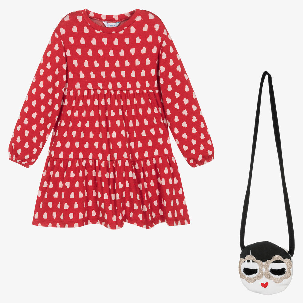 Mayoral - Girls Red Heart Dress & Bag Set | Childrensalon