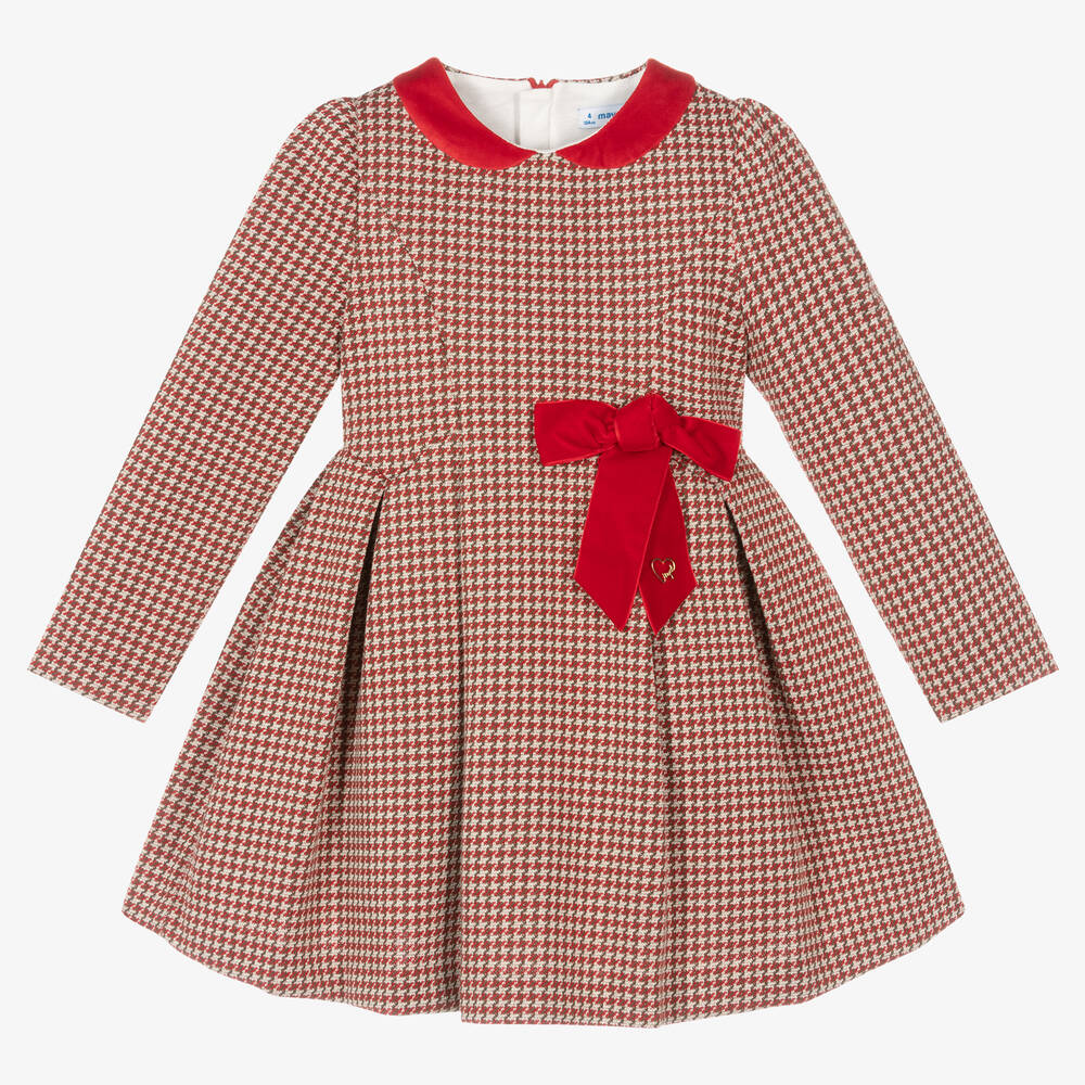 Mayoral - Girls Red Houndstooth Jacquard Dress | Childrensalon