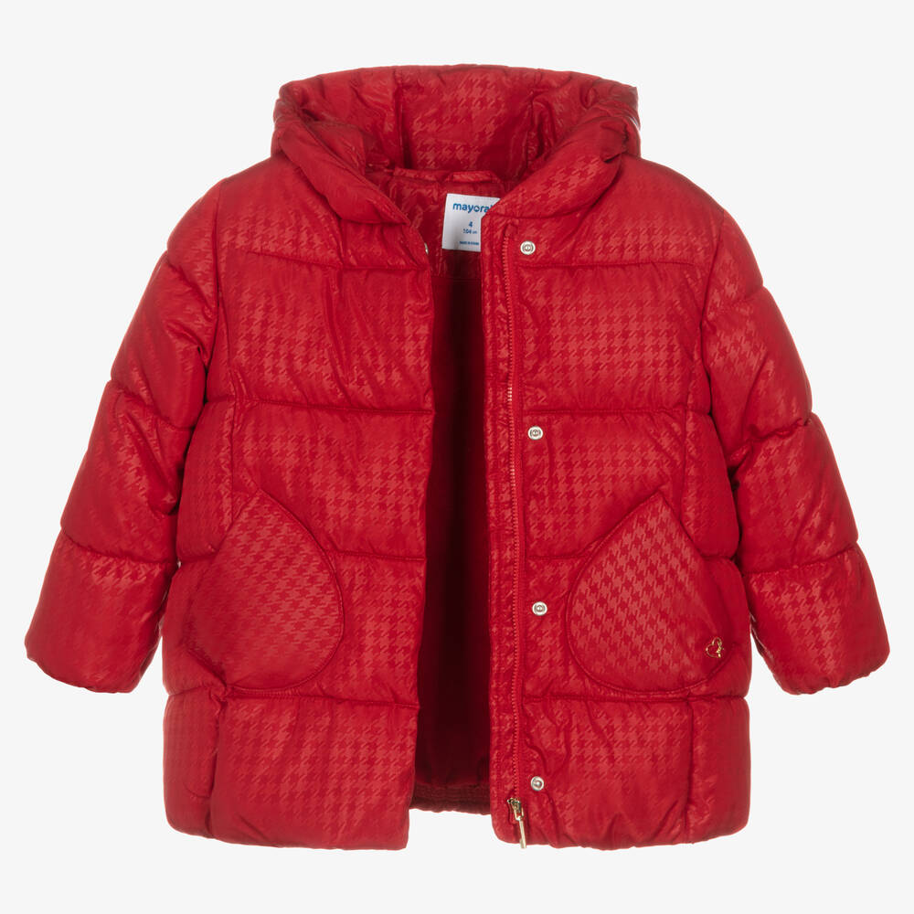 Mayoral-Girls Red Houndstooth Puffer Coat | Childrensalon Outlet