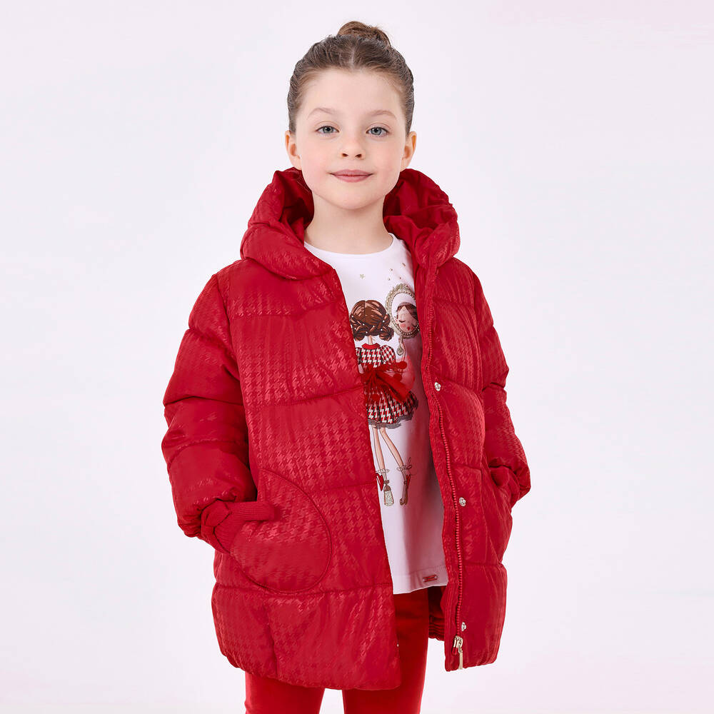 Mayoral-Girls Red Houndstooth Puffer Coat | Childrensalon Outlet