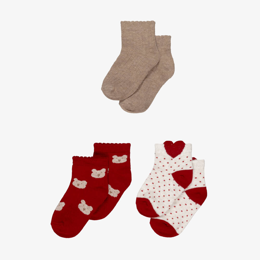 Mayoral-Girls Red, Ivory & Beige Cotton Knit Socks (3 Pack) | Childrensalon Outlet