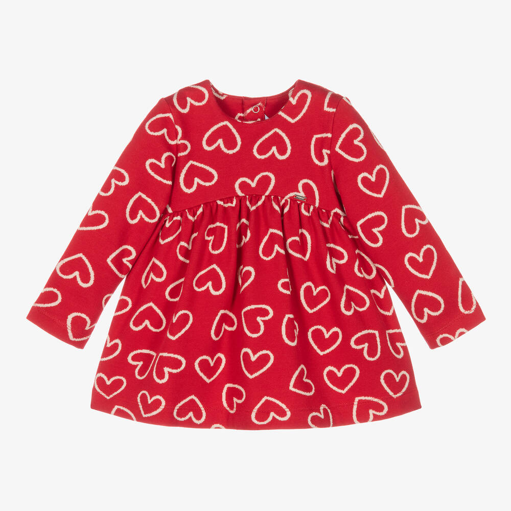 Mayoral - فستان بطبعة قلوب مزيج قطن محبوك لون أحمر | Childrensalon