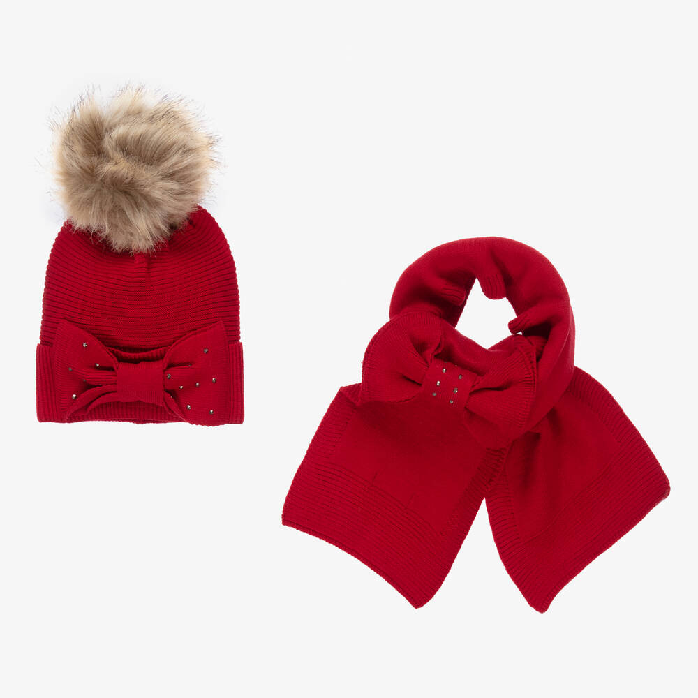 Mayoral - Girls Red Knitted Hat Set | Childrensalon