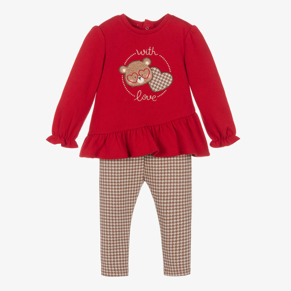 Mayoral - Girls Red Knitted Teddy Bear Trouser Set | Childrensalon