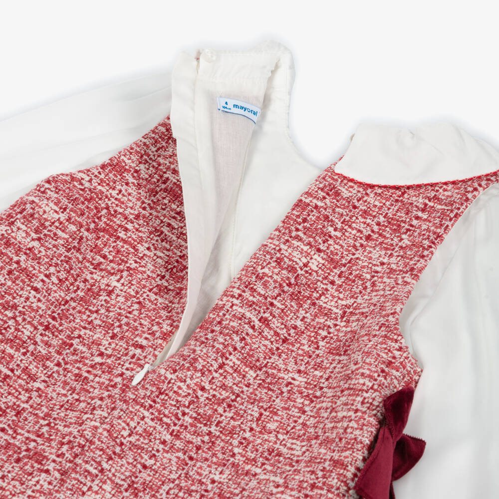 Mayoral-Girls Red Layered-Look Tweed Dress with Velvet Bows | Childrensalon Outlet