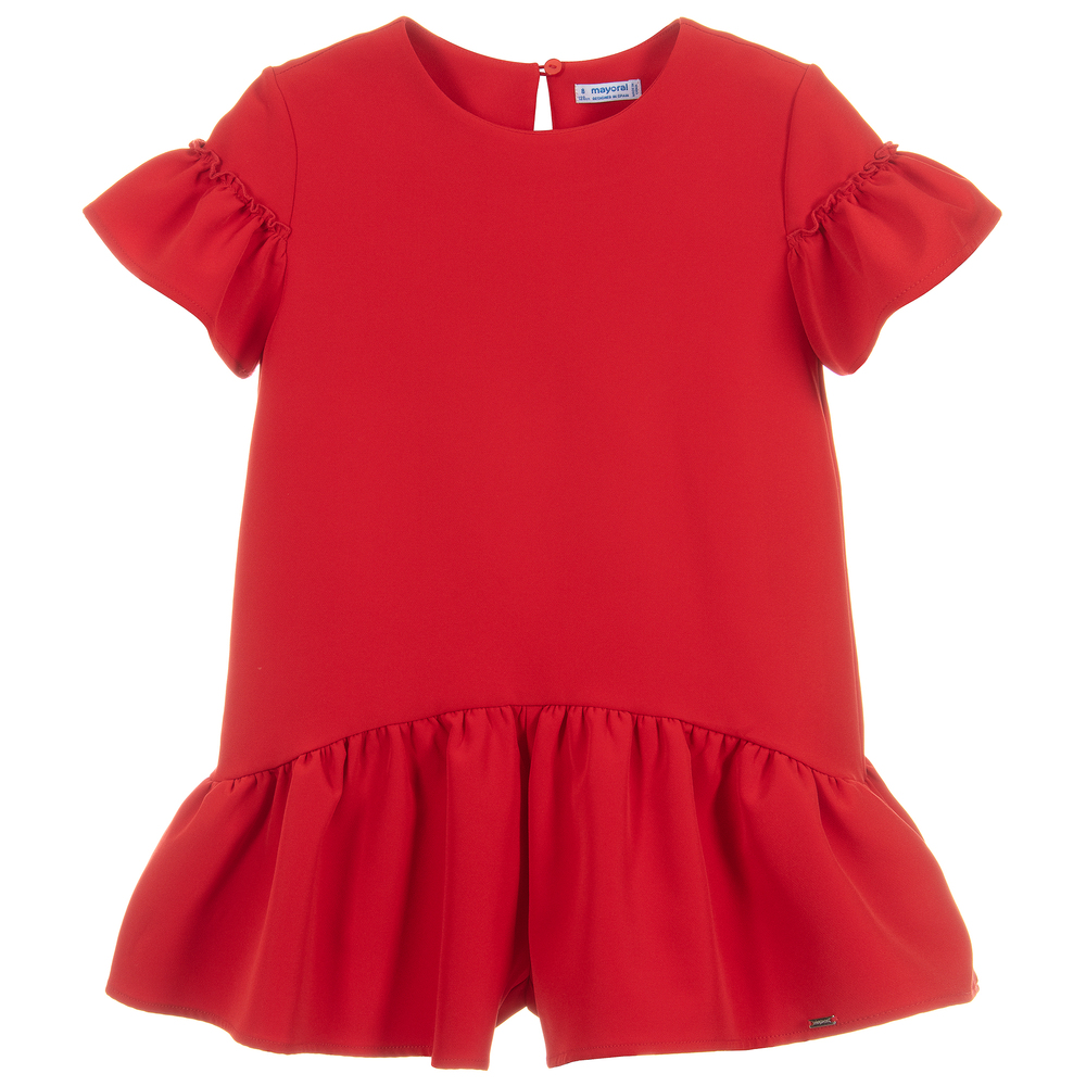 Mayoral - Girls Red Ruffle Playsuit | Childrensalon