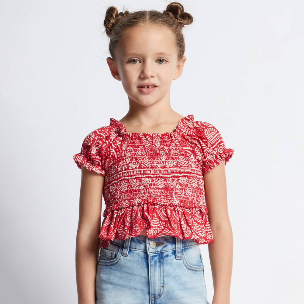 Mayoral-Girls Red Shirred Blouse | Childrensalon Outlet