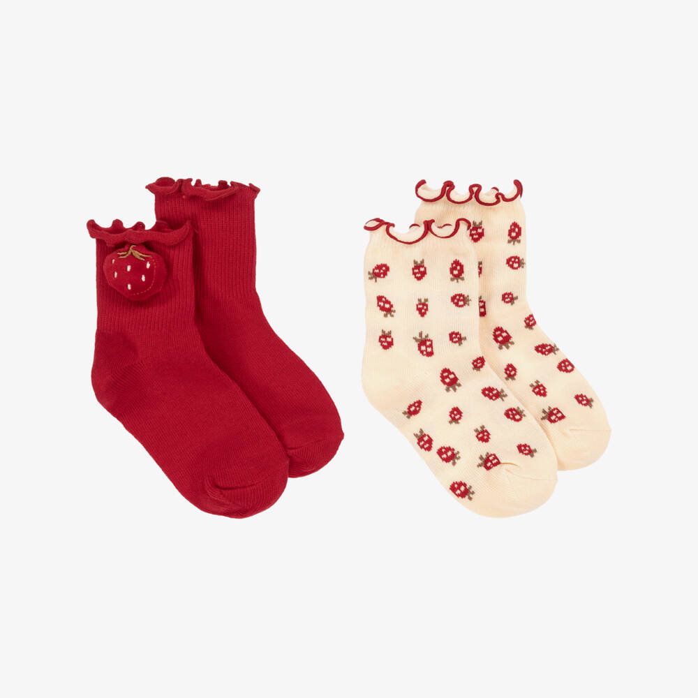 Mayoral-Girls Red Strawberry & Cream Cotton Socks (2 Pack) | Childrensalon Outlet