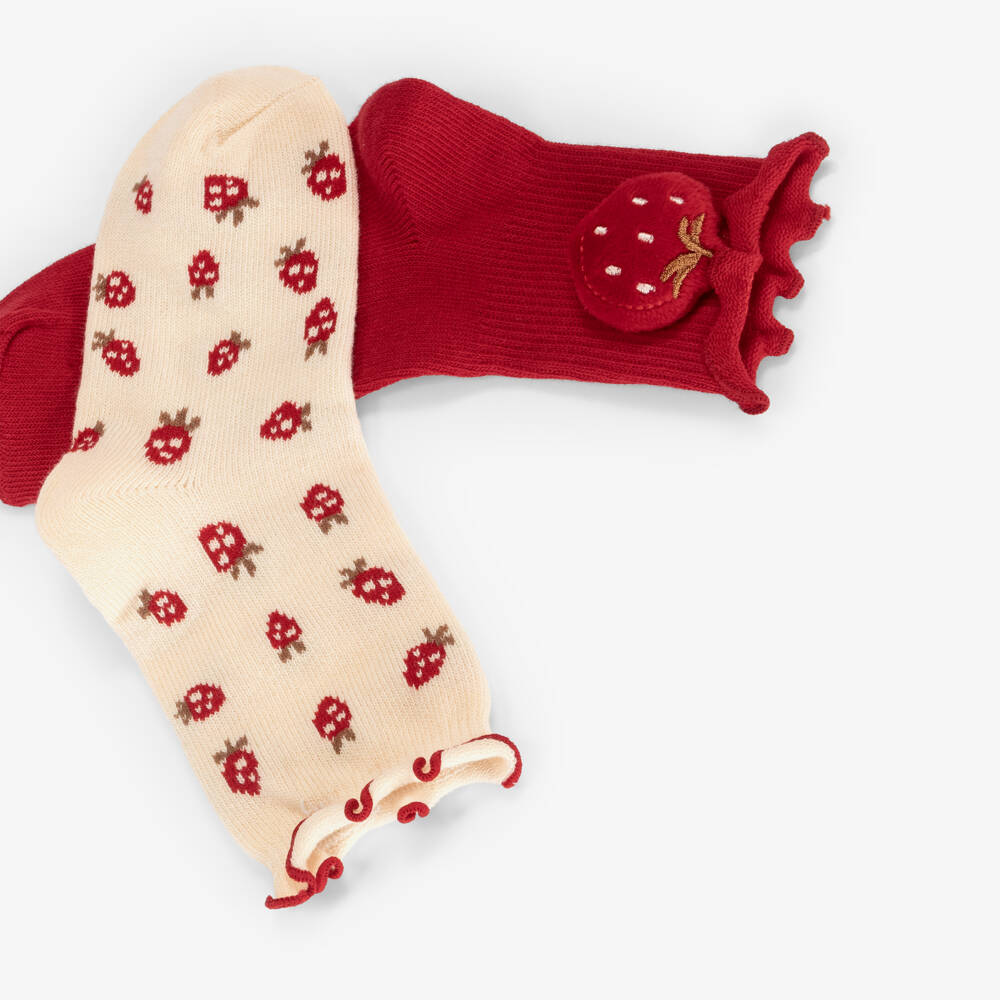 Mayoral-Girls Red Strawberry & Cream Cotton Socks (2 Pack) | Childrensalon Outlet