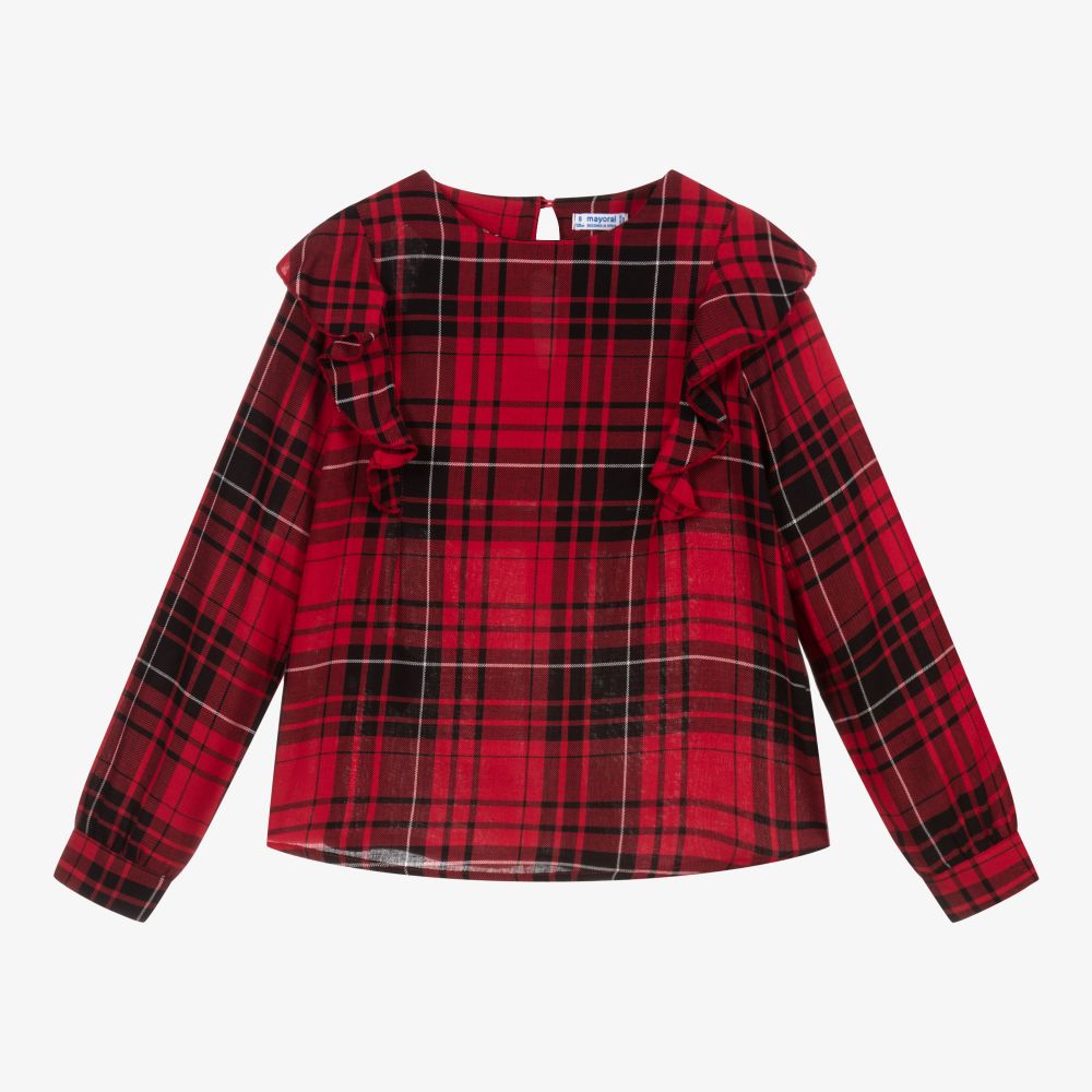 Mayoral - Красная блузка в шотландскую клетку для девочек | Childrensalon