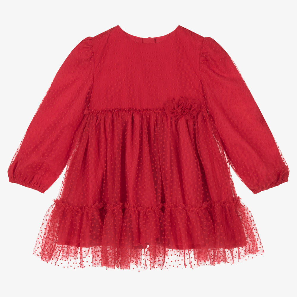 Mayoral - Girls Red Tulle Dot Pattern Dress | Childrensalon