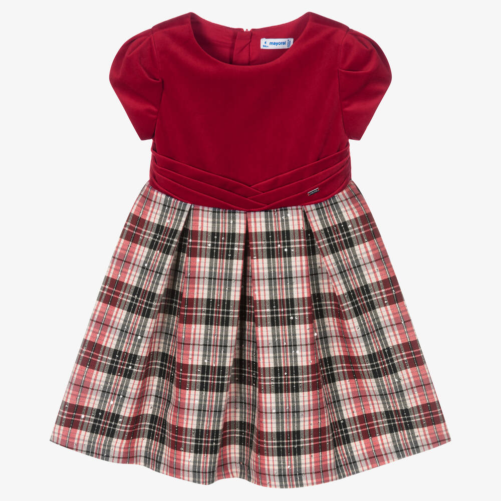 Mayoral - Girls Red Velvet Tartan Dress | Childrensalon