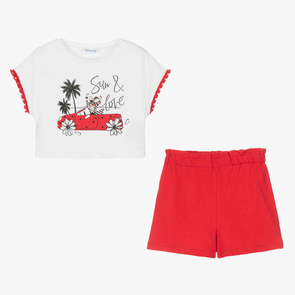 Mayoral-Белый топ и красные шорты из хлопка | Childrensalon Outlet