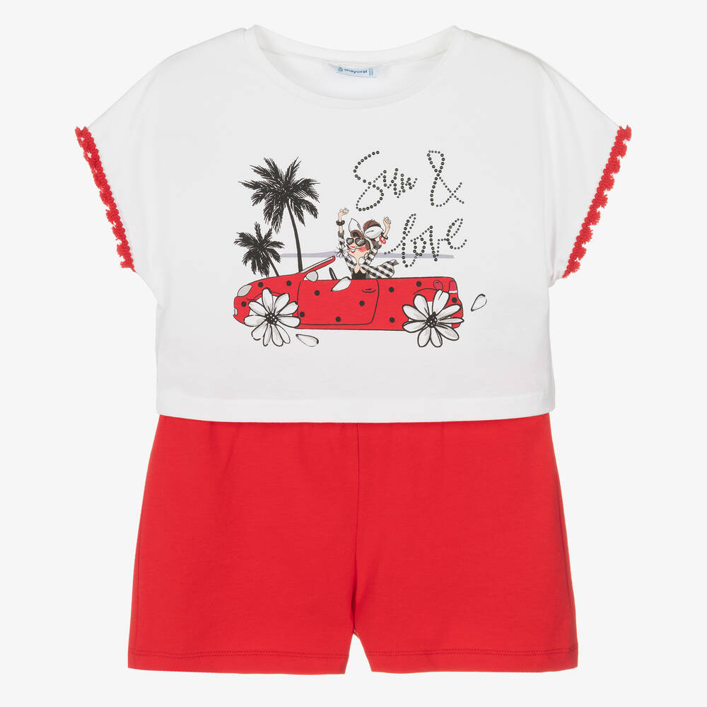 Mayoral - Girls Red & White Cotton Shorts Set | Childrensalon