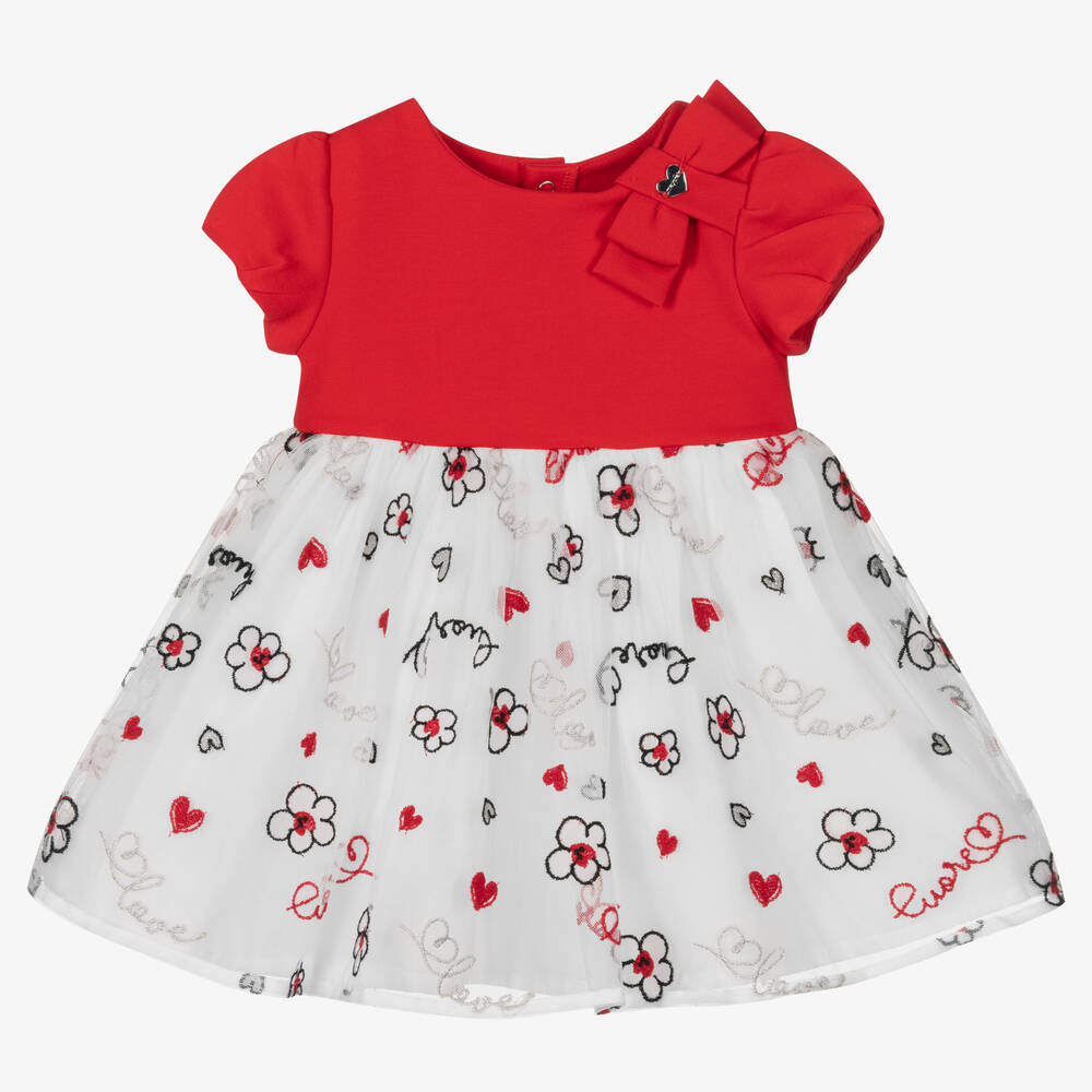 Mayoral - Girls Red & White Embroidered Tulle Dress  | Childrensalon