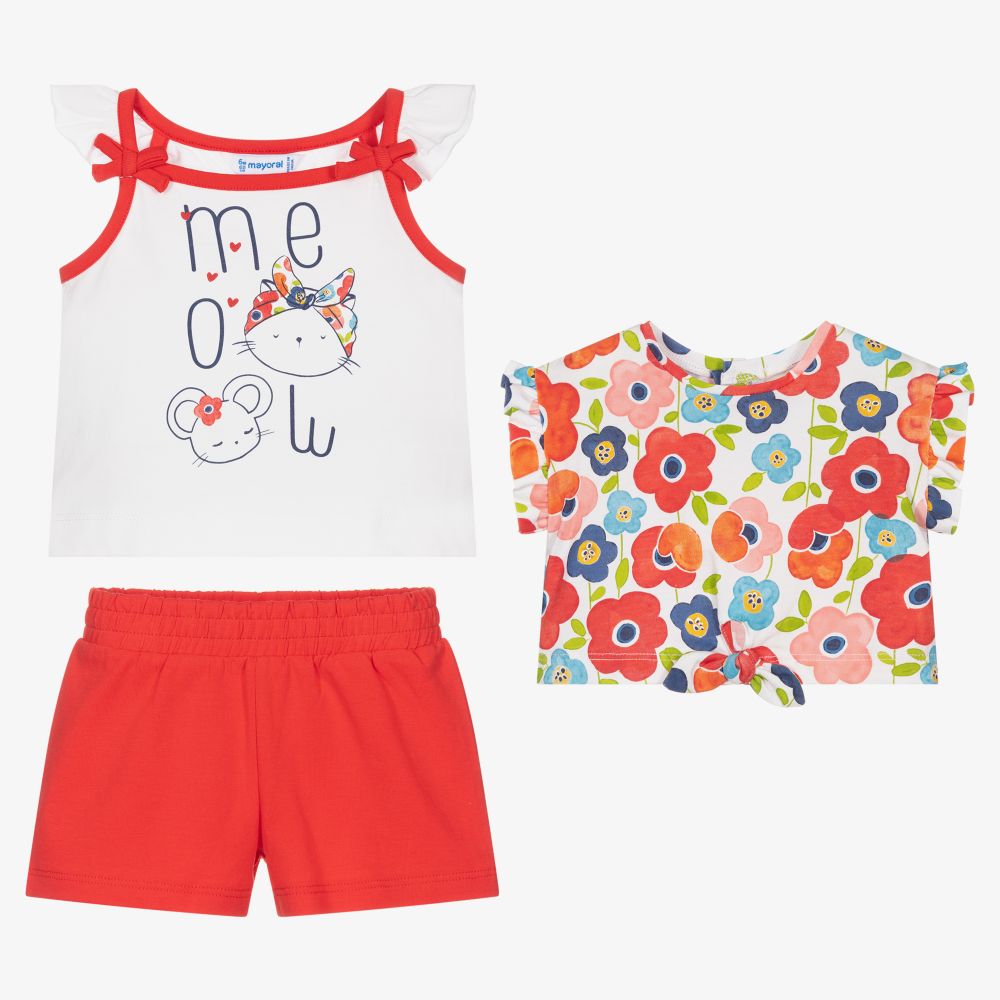 Mayoral - Бело-красный комплект с шортами для девочек | Childrensalon