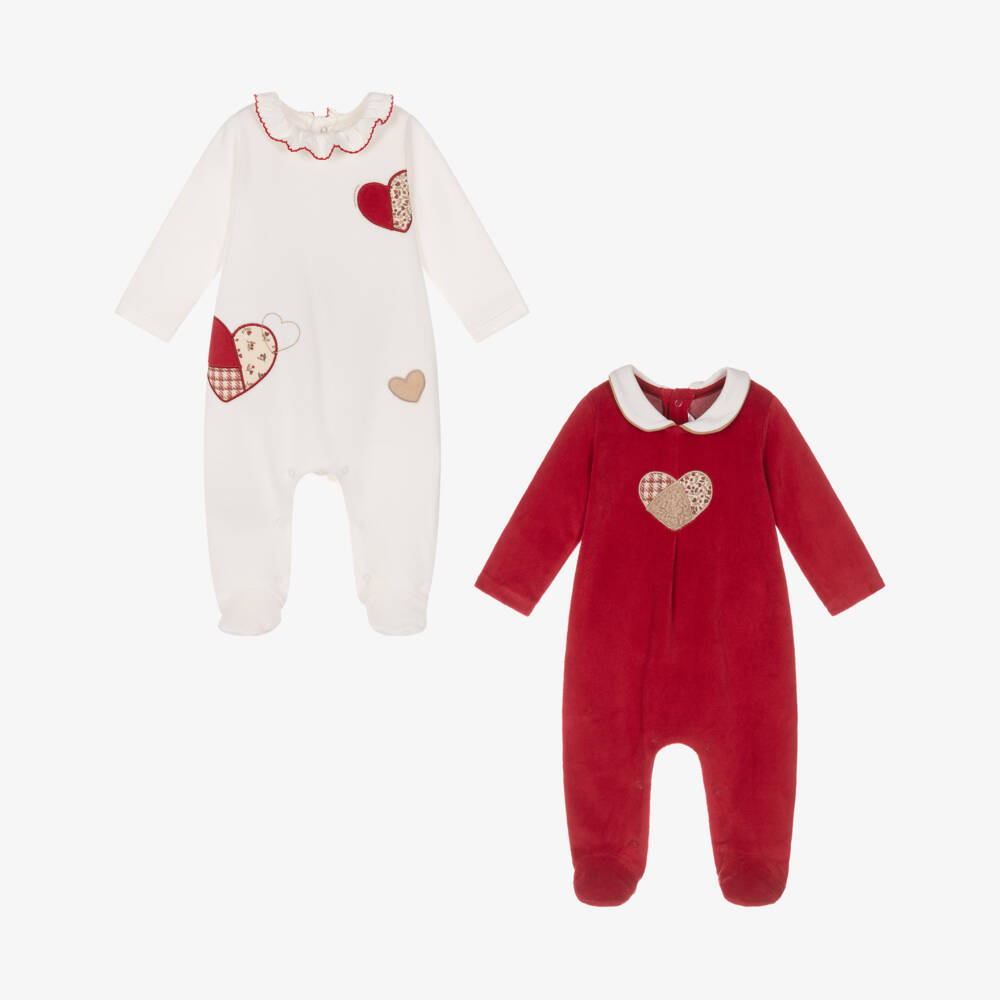 Mayoral Newborn-Girls Red & White Velour Babygrows with Heart Appliqués (2 Pack) | Childrensalon Outlet