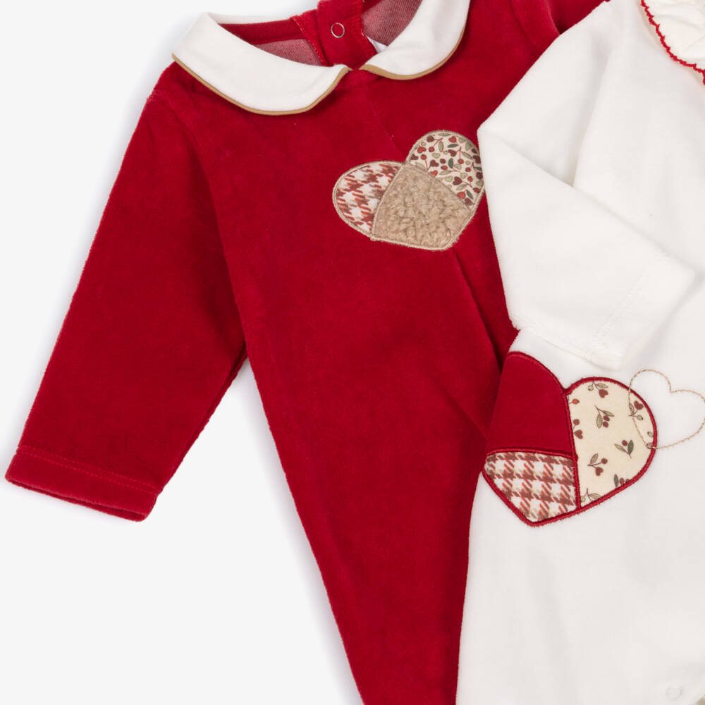 Mayoral Newborn-Girls Red & White Velour Babygrows with Heart Appliqués (2 Pack) | Childrensalon Outlet