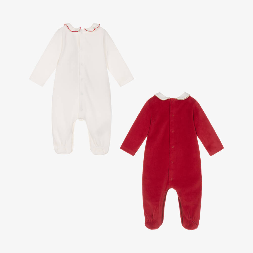 Mayoral Newborn-Girls Red & White Velour Babygrows with Heart Appliqués (2 Pack) | Childrensalon Outlet