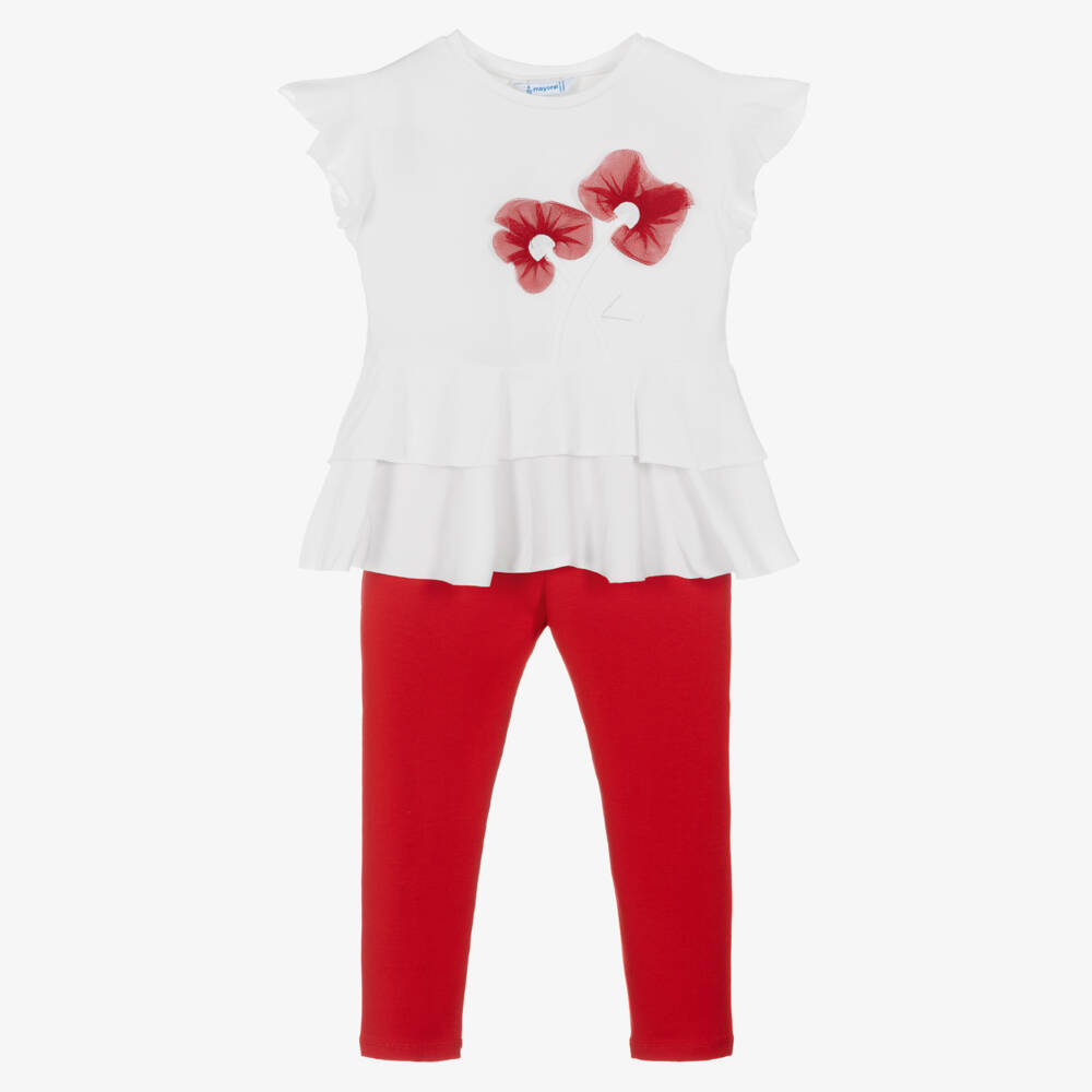 Mayoral-Girls Ruffled Red & White Ensemble | Childrensalon Outlet