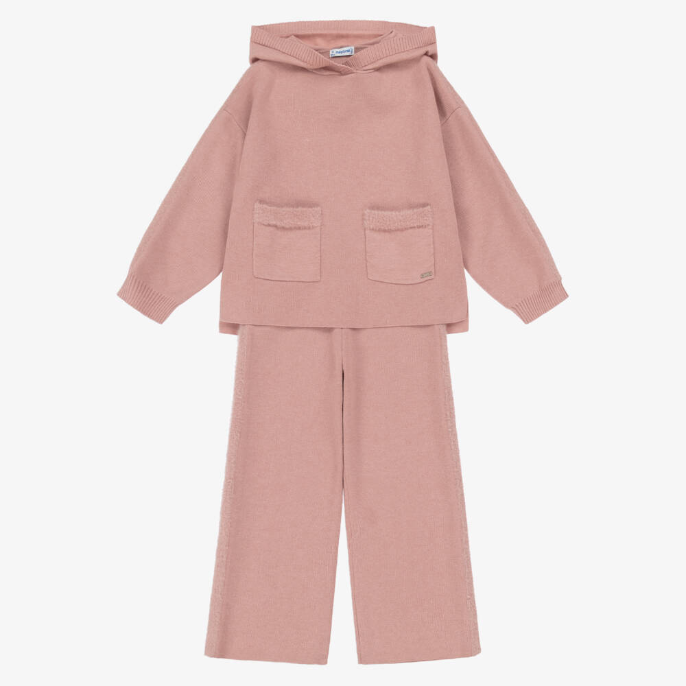 Mayoral-Girls Salmon Pink Knitted Hoodie & Trouser Set | Childrensalon Outlet