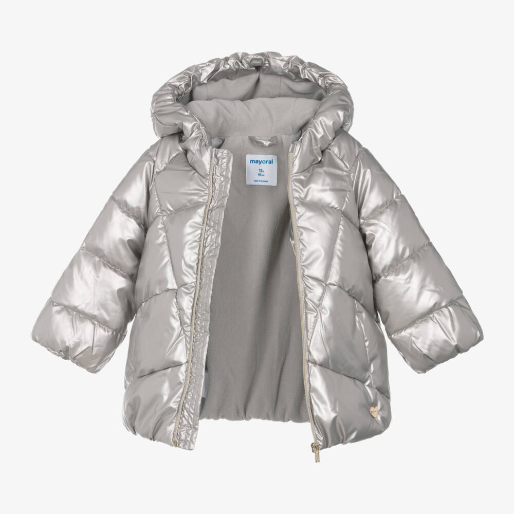 Mayoral-معطف بافر بهودي لون فضي ميتاليك للبنات | Childrensalon Outlet