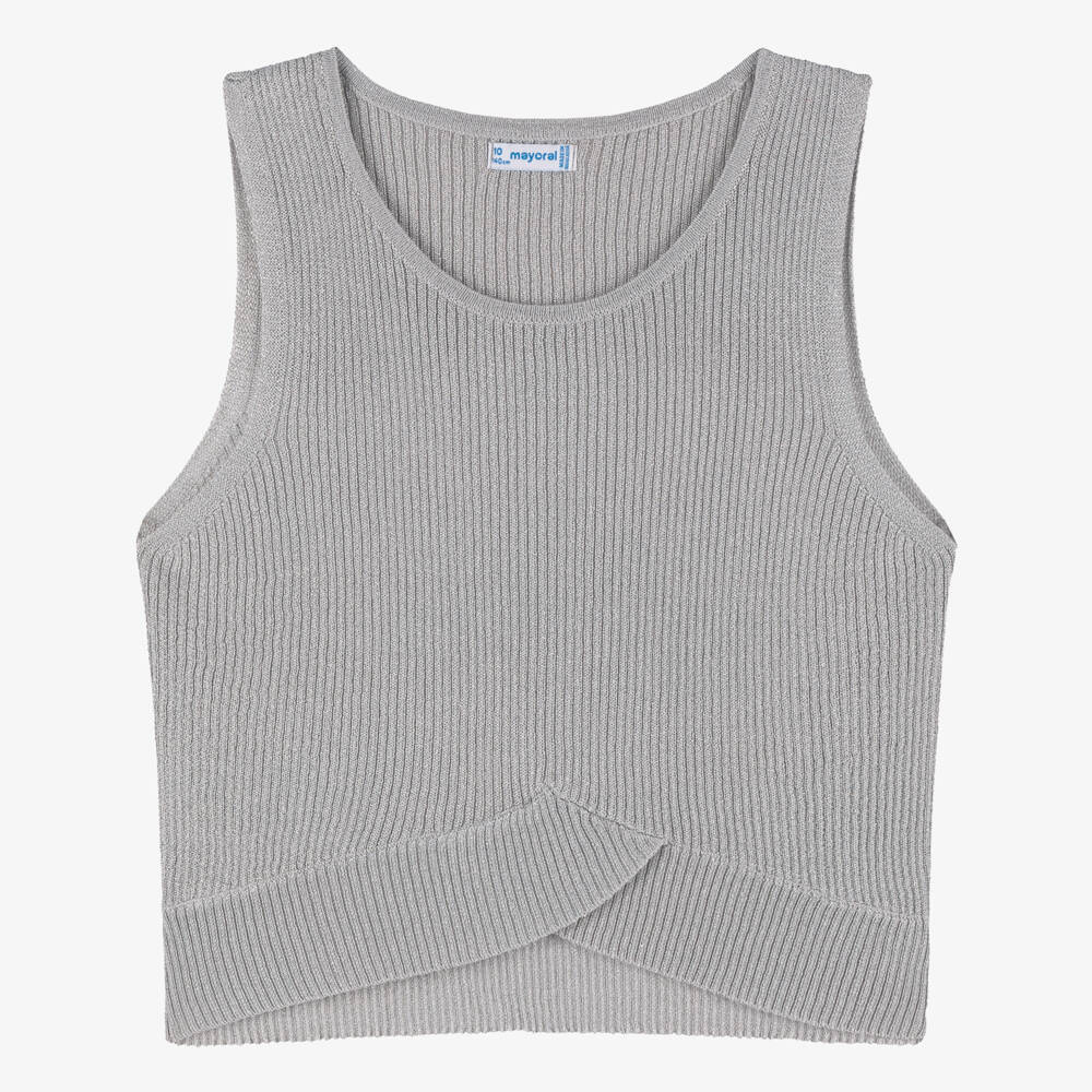 Mayoral-Girls Shimmering Silver Knit Sleeveless Top | Childrensalon Outlet