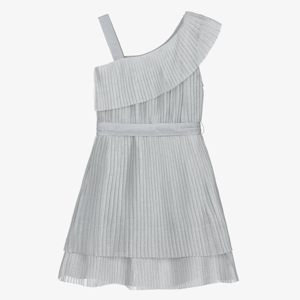 Mayoral-Girls Shimmering Silver Pleated Frock | Childrensalon Outlet