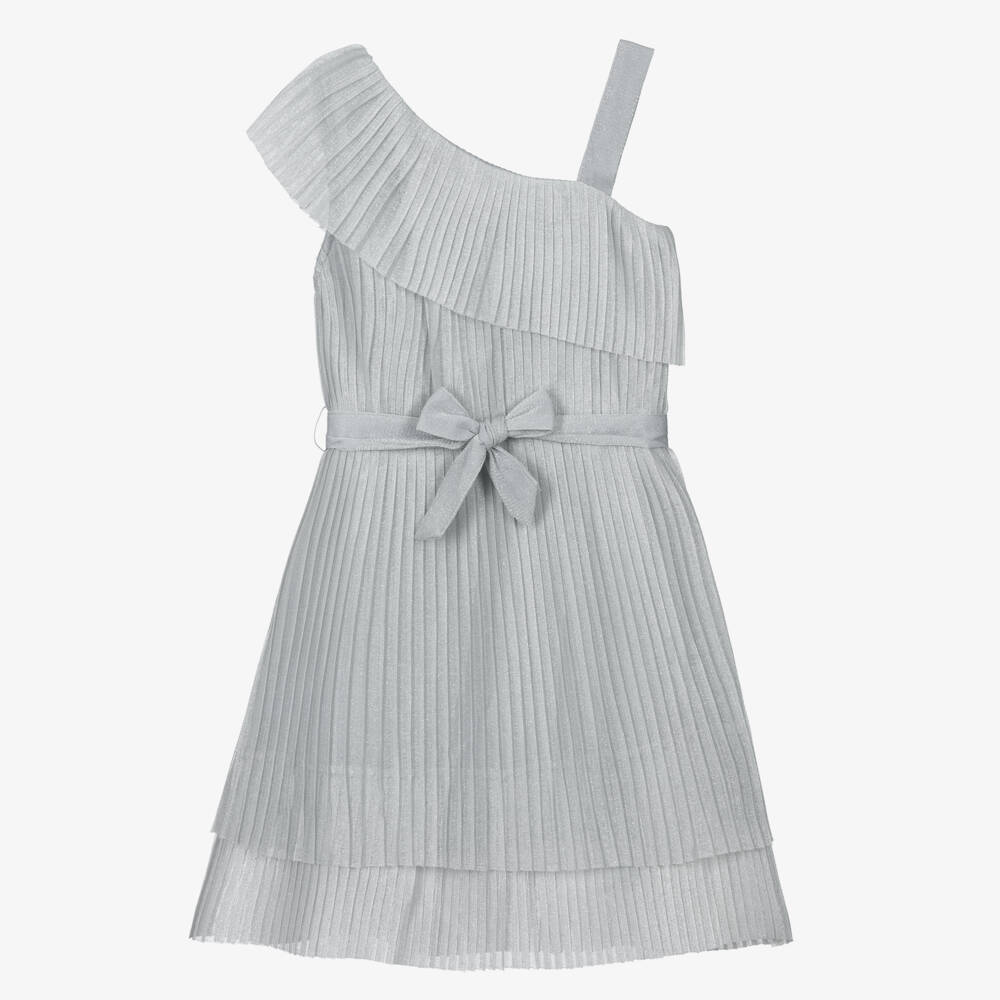 Mayoral-Girls Shimmering Silver Pleated Frock | Childrensalon Outlet