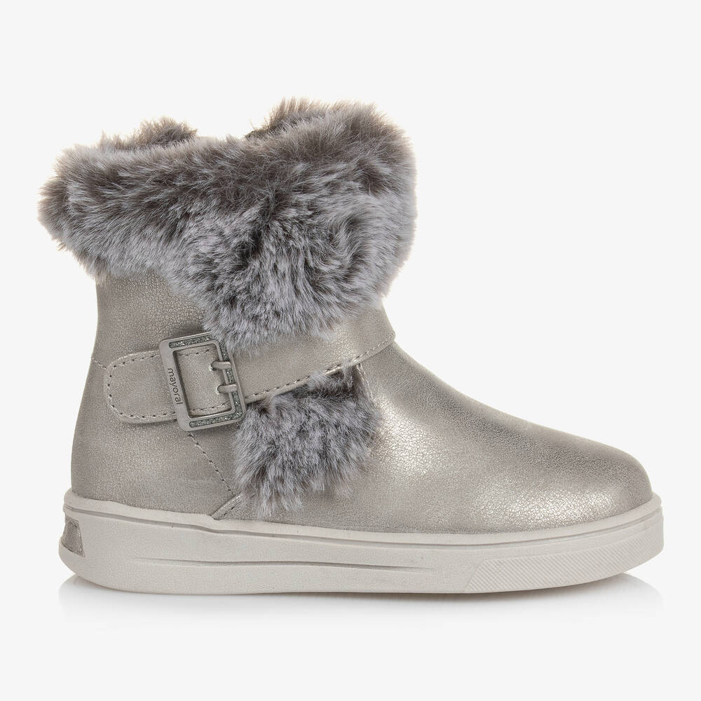 Girls Silver Faux Fur Boots