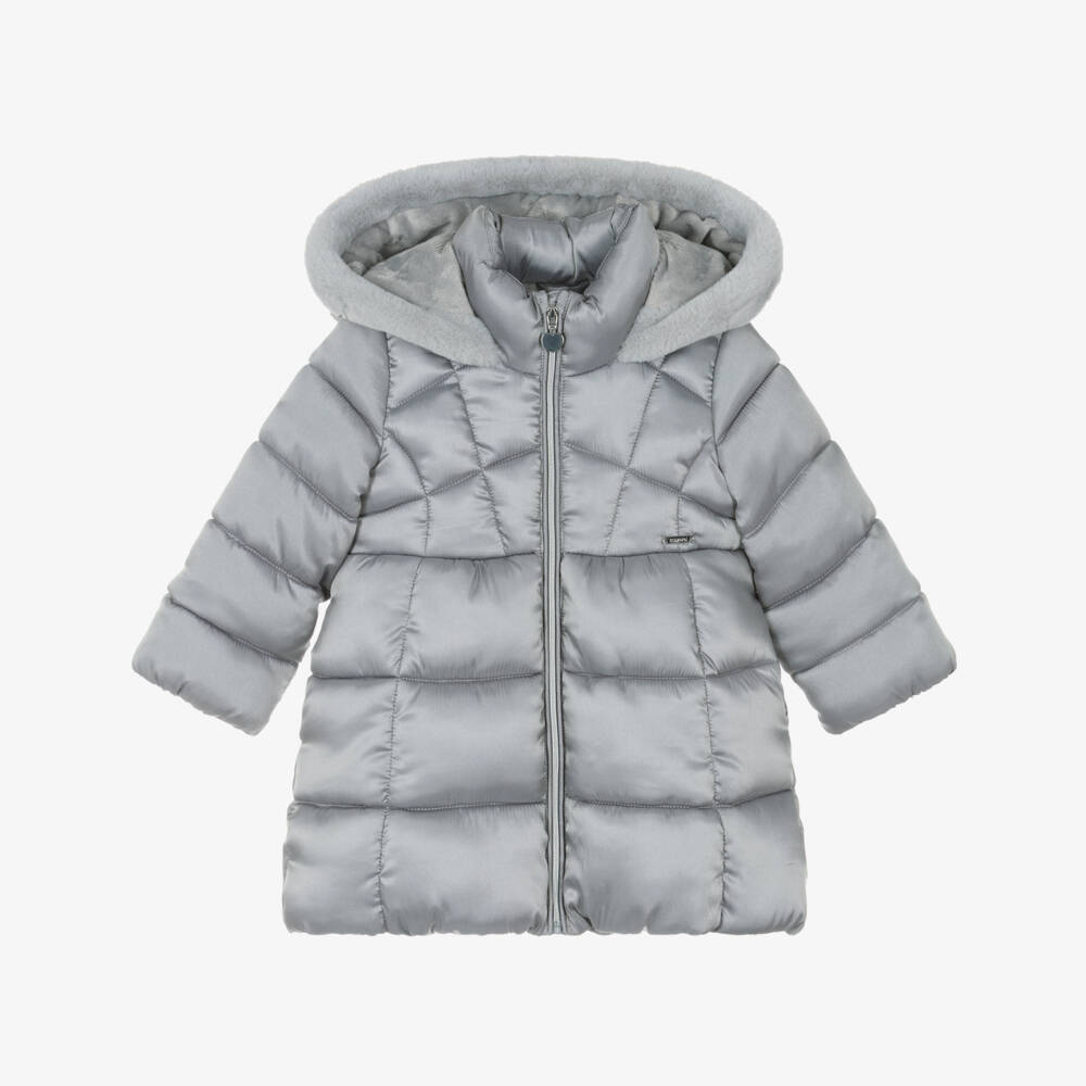 Mayoral-Girls Silver Grey Hooded Puffer Coat with Faux Fur Trim | Childrensalon Outlet