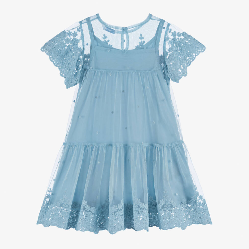 Mayoral-Girls Sky-Hued Tulle Embroidered Dress | Childrensalon Outlet