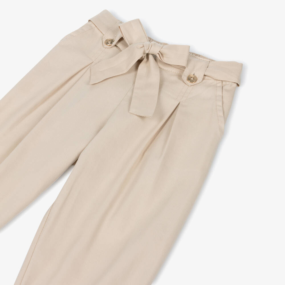 Mayoral-Girls Soft Beige Bow-Tie Trousers | Childrensalon Outlet