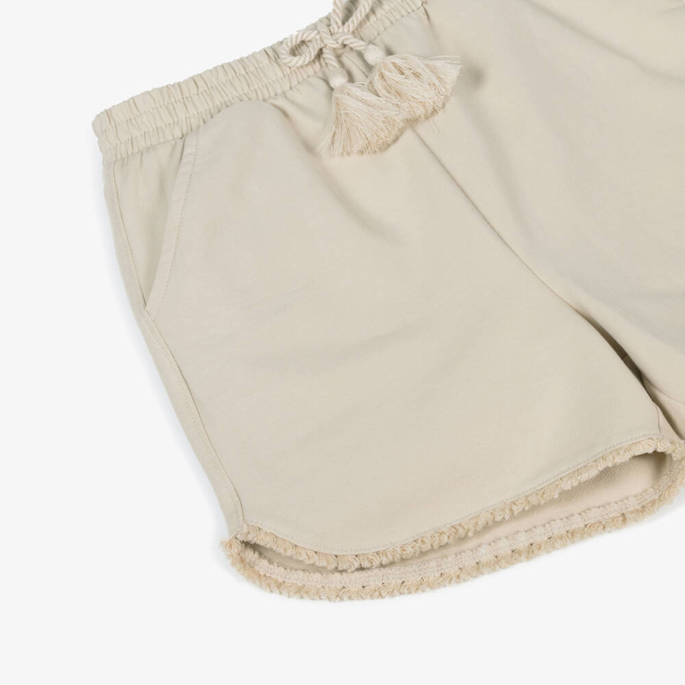 Mayoral-Girls Soft Beige Fringed Jersey Shorts | Childrensalon Outlet