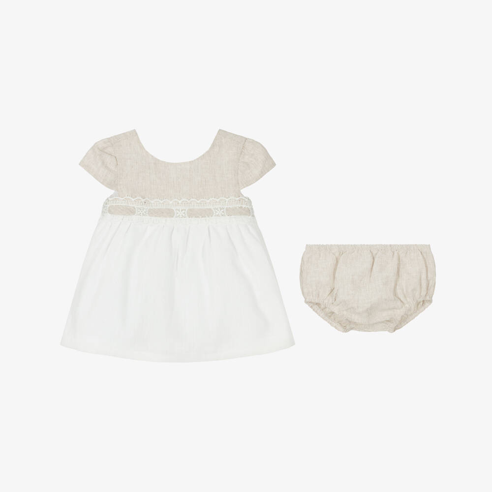 Mayoral Для новорожденных-Платье из мягкого бежевого и кремового льна для девочек | Childrensalon Outlet