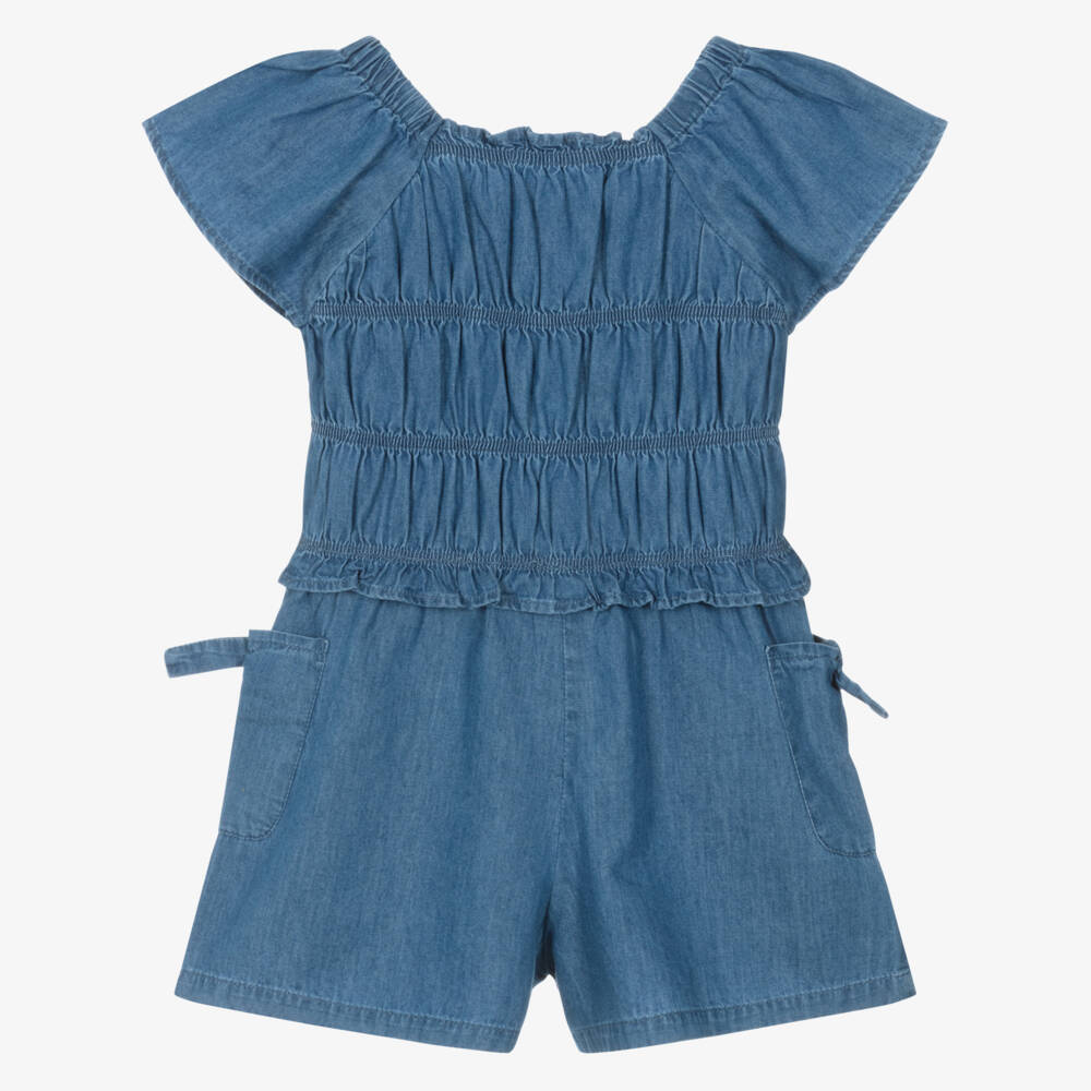 Mayoral-Girls Soft Blue Gathered Romper | Childrensalon Outlet