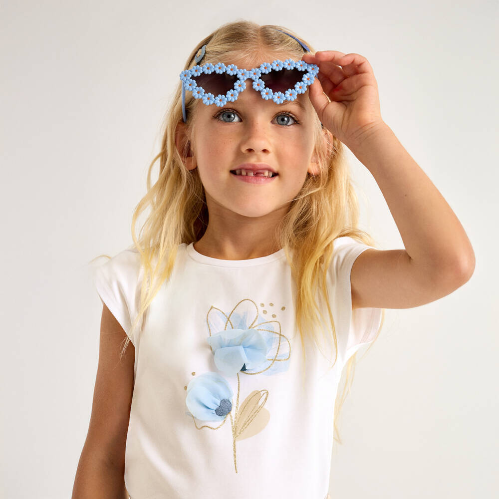 Mayoral-Мягкая кремовая и синяя футболка с цветочным узором для девочек | Childrensalon Outlet