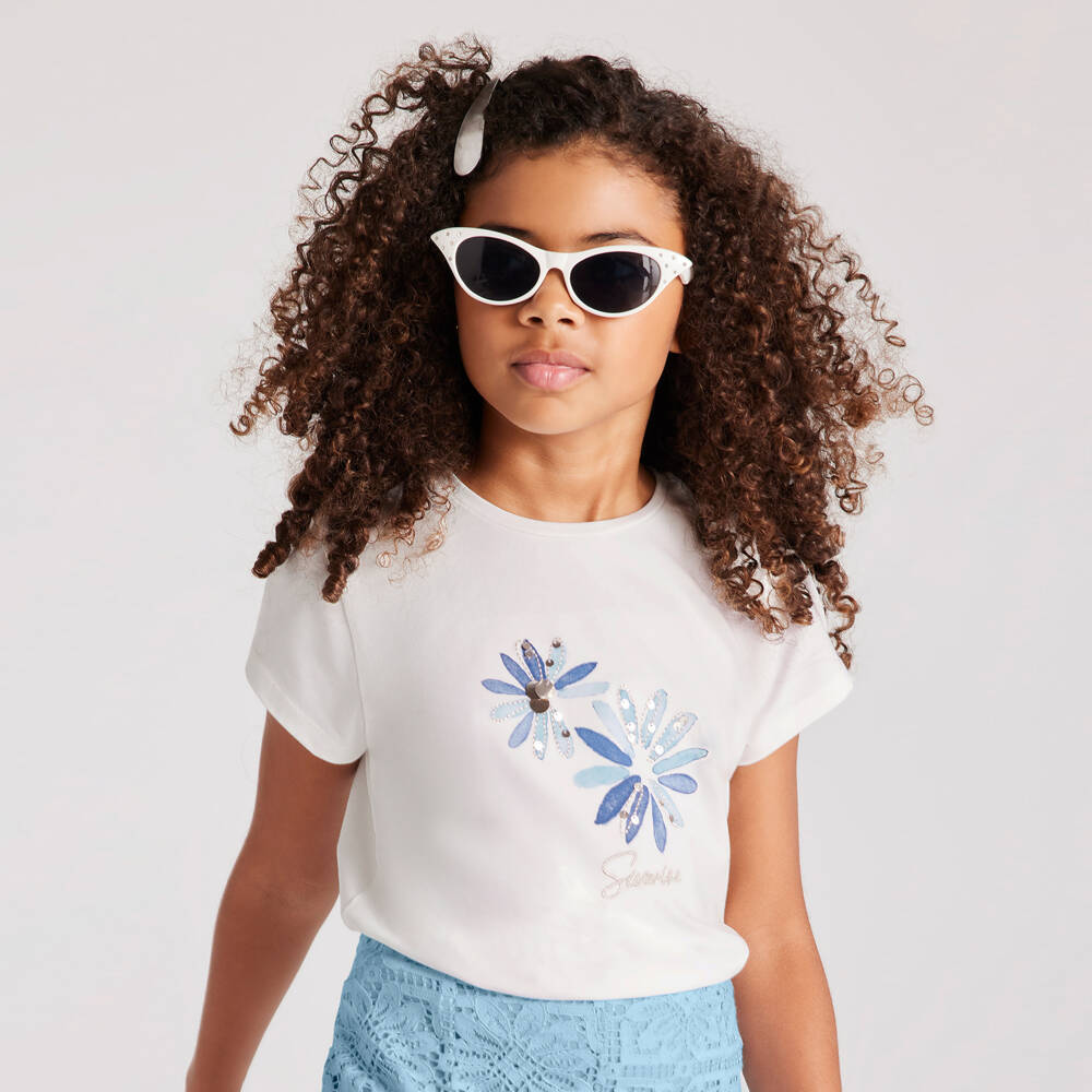 Mayoral-Girls Soft Ivory Floral Tee | Childrensalon Outlet