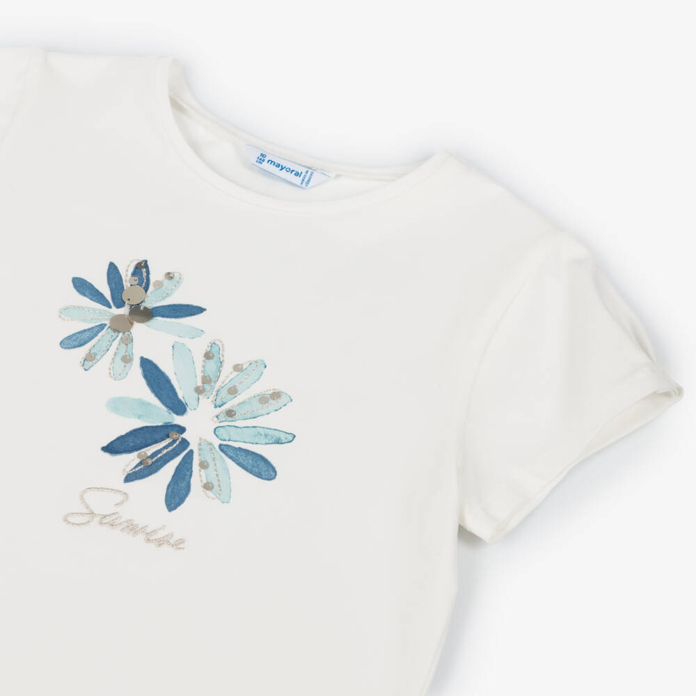 Mayoral-Girls Soft Ivory Floral Tee | Childrensalon Outlet