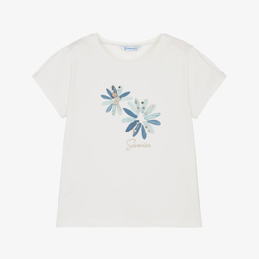 Mayoral-Girls Soft Ivory Floral Tee | Childrensalon Outlet