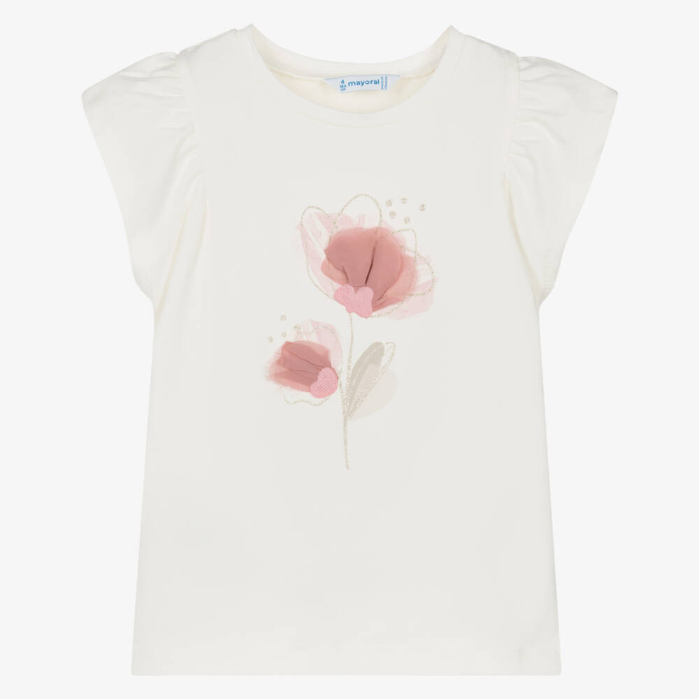 Mayoral-Girls Soft Ivory Floral Tee | Childrensalon Outlet