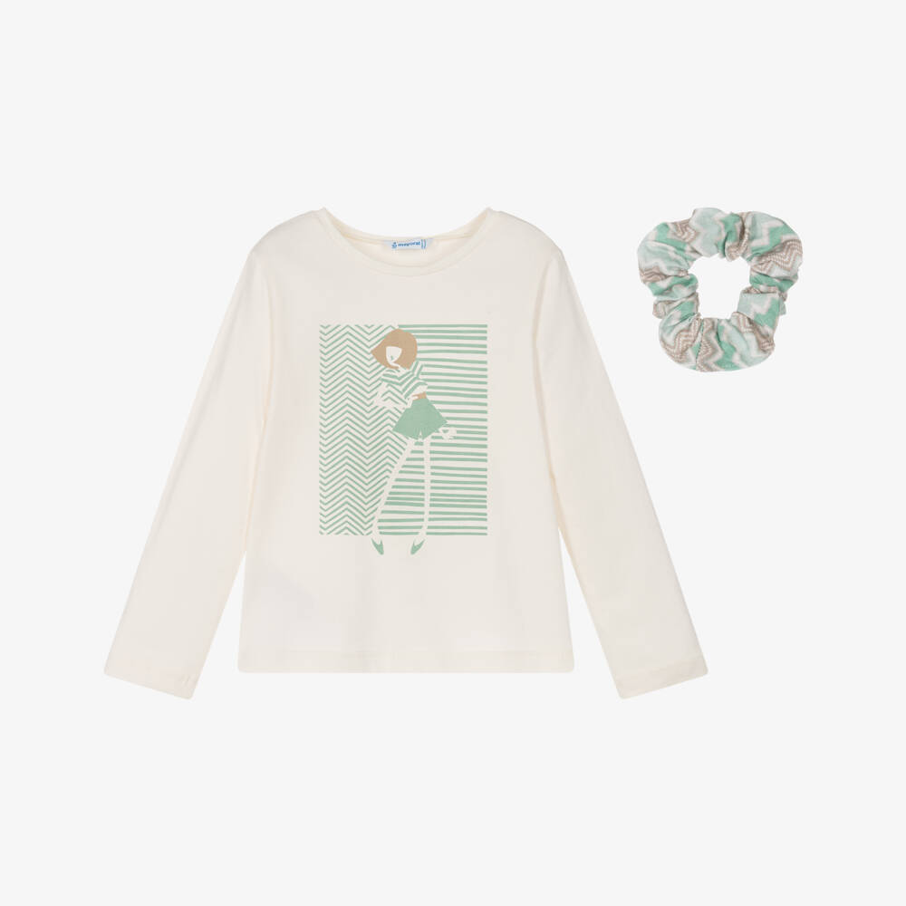 Mayoral-Мягкая кремовая и зелёная футболка для девочек | Childrensalon Outlet