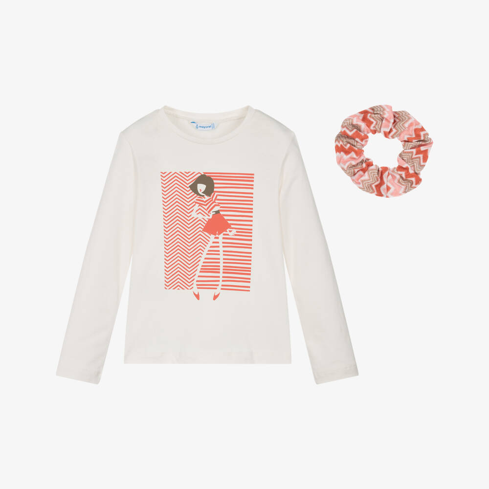 Mayoral-Мягкая кремовая и оранжевая футболка для девочек | Childrensalon Outlet