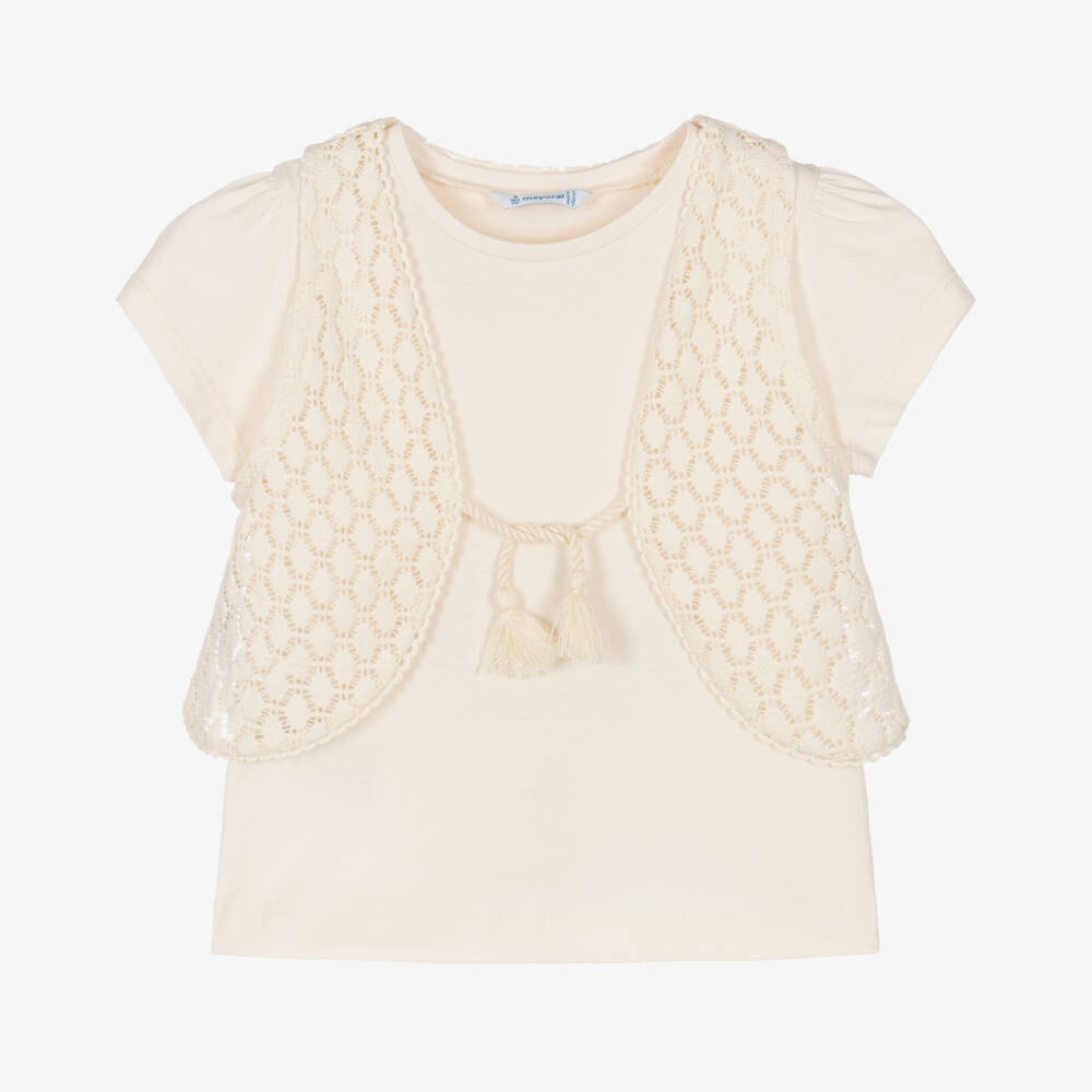 Mayoral-Girls Soft Ivory Tee & Vest | Childrensalon Outlet
