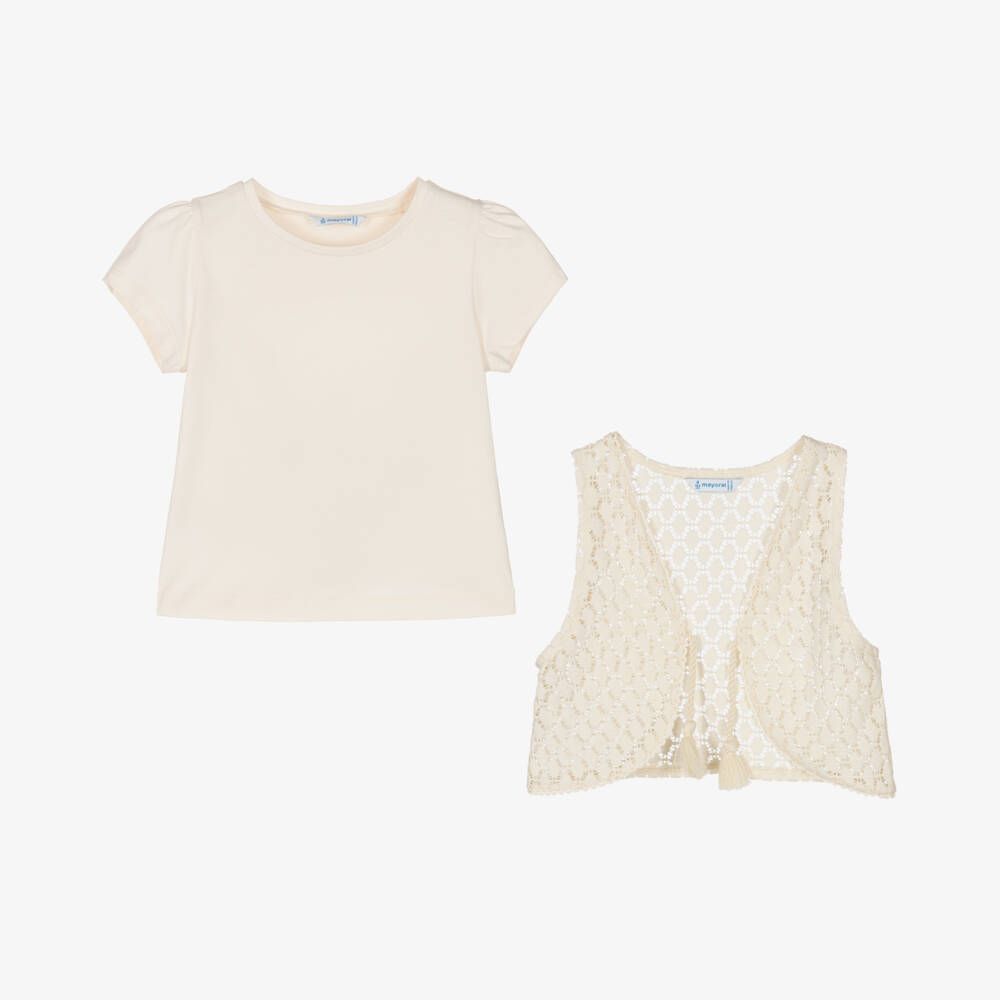 Mayoral-Girls Soft Ivory Tee & Vest | Childrensalon Outlet