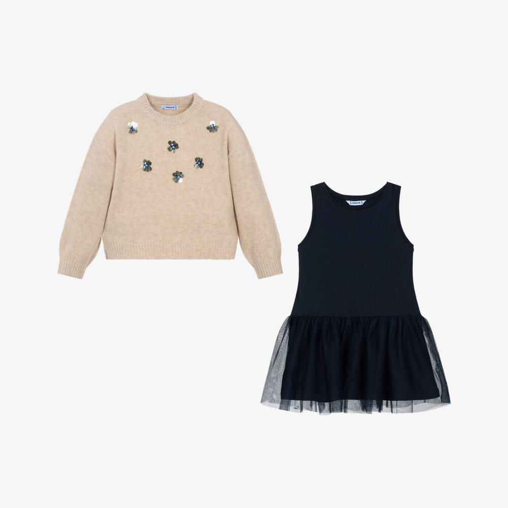 Mayoral-Girls Sparkly Beige & Navy Blue Dress Set | Childrensalon Outlet
