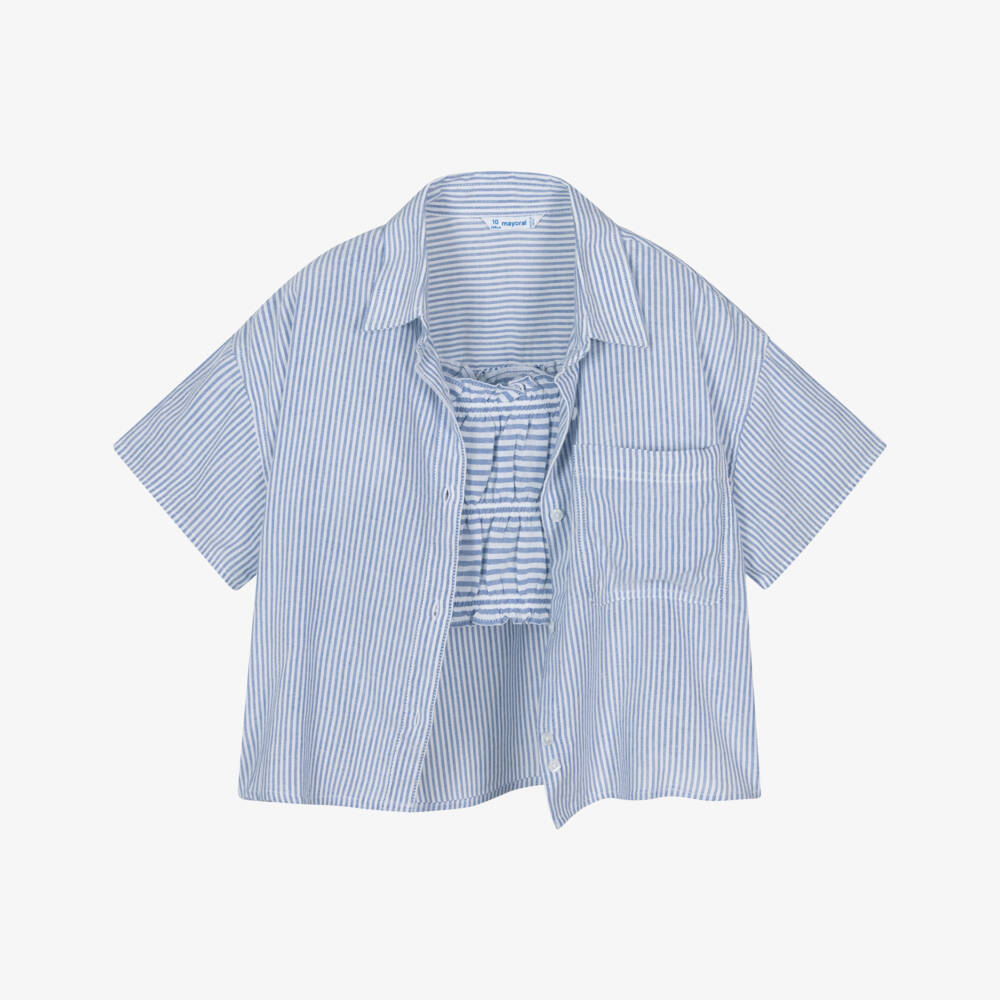 Mayoral-Girls Striped Blue Blouse Ensemble | Childrensalon Outlet