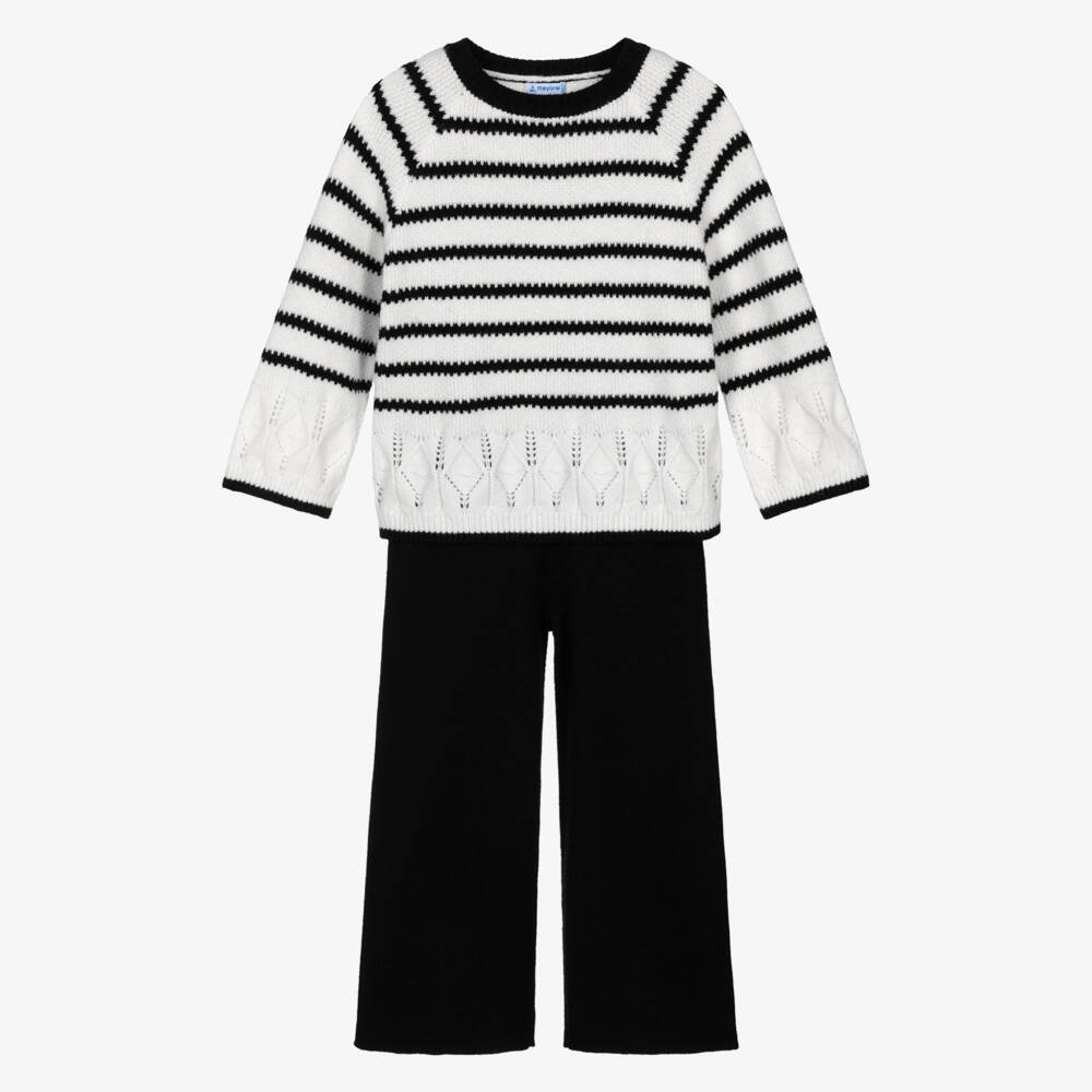 Mayoral-Girls Striped Knit Black Trouser Set | Childrensalon Outlet